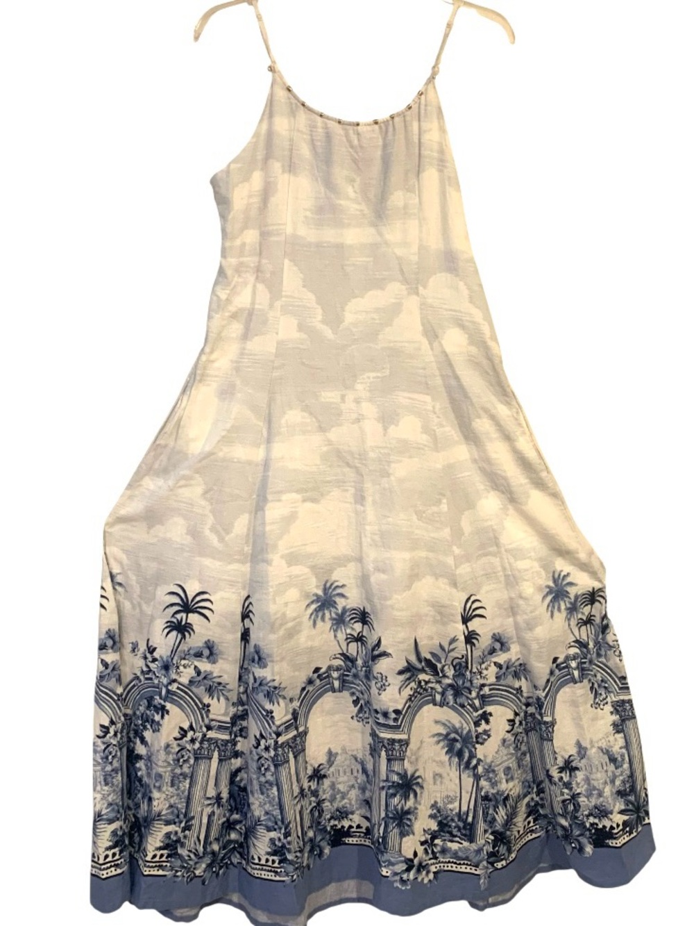 Rachel Zoe Linen Blend Midi Dress Beaded Neck Clouds Over Blue Pompeii Size 8